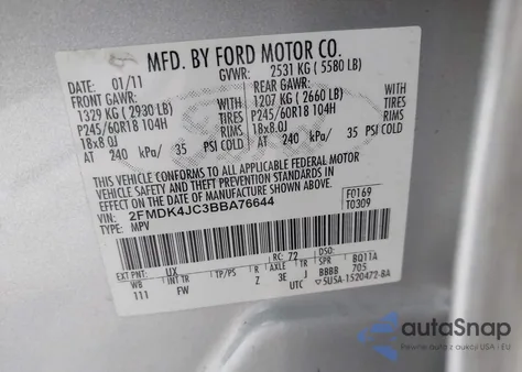 2011 Ford Edge Sel from USA, damaged, VIN 2FMDK4JC3BBA76644